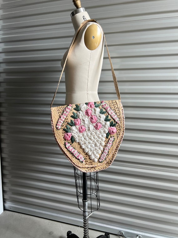 Woven Raffia Tote Bag Large Pink and White Floral… - image 2