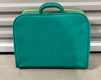 Vintage Luggage Small Aqua Green Suitcase Overnight Bag Childs Bag Cosmetics Case