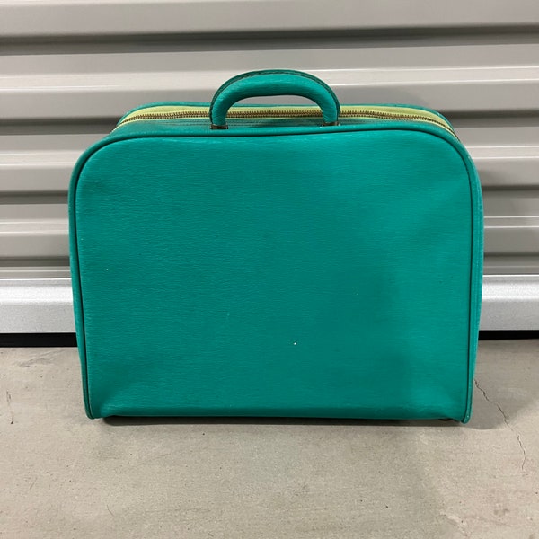 Vintage Luggage Small Aqua Green Suitcase Overnight Bag Childs Bag Cosmetics Case
