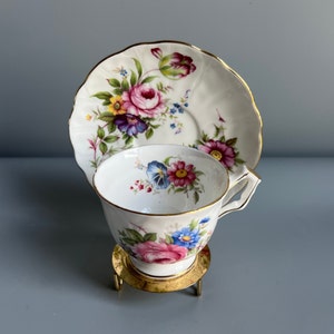 Aynsley Howard&#39;s Spray Bone China Tea Cup and Saucer: Pink & Blue Floral, Gold Trim