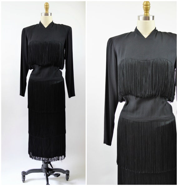 Howard Greer CocKtail Dress 1940s Black Fringe Dre