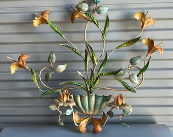 Vintage Italian Toleware Candelabra Wall Sconces Painted Flowers Muted Green Yellow and Blue Large