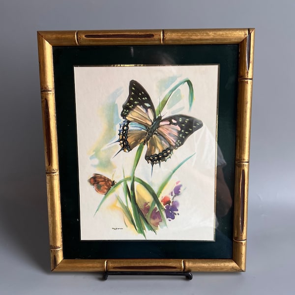 Vintage Wall Hanging Butterflies Print Bamboo Frame 11" x 13"