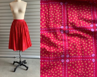 1950s Circle Skirt by Greta Plattry Cotton Floral Calico Red and Yellow and Pink Size XXS