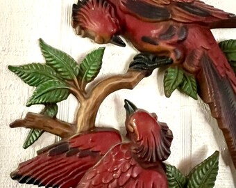 Bird Wall Plaque Cast Metal Birds by Sexton Red and Green