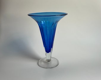 Blenko Vase Cobalt Blue Sapphire with Clear Base Wide Neck 11" Tall