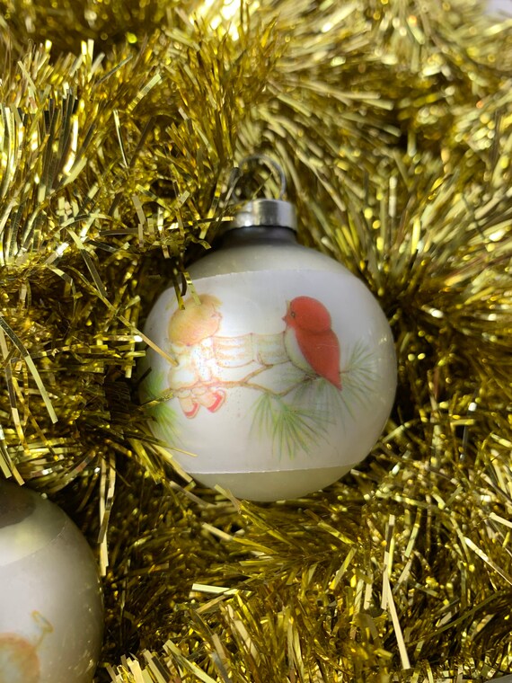4 Christmas Ornaments Small Round Silver With Children and Baby