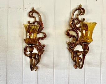 Candelabra Pair Syroco  with Amber Glass Wall Sconce Mount Hollywood Regency Candle Holders