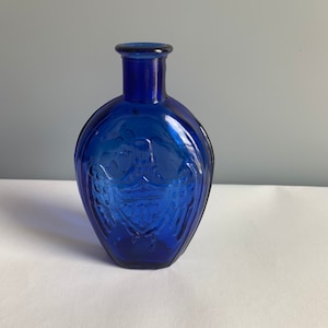 Cobalt Blue Glass Bottle 7" Tall with Eagle Recycled Glass HandMade in Spain