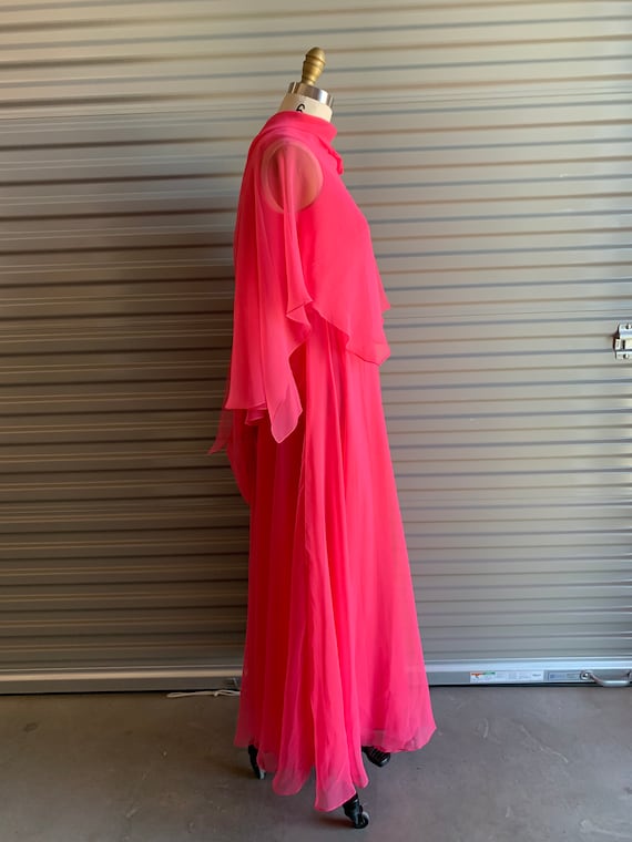 1970s Pink Chiffon Dress with Sheer Flowy Cape an… - image 3