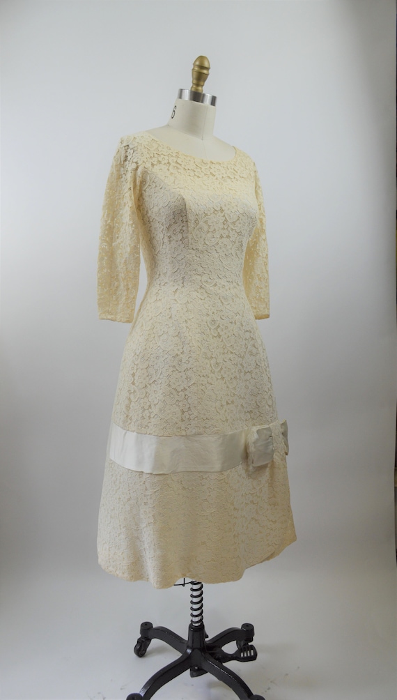 60s white lace dress Vintage 1960s White Crochet Lace Empire Waist Dress
