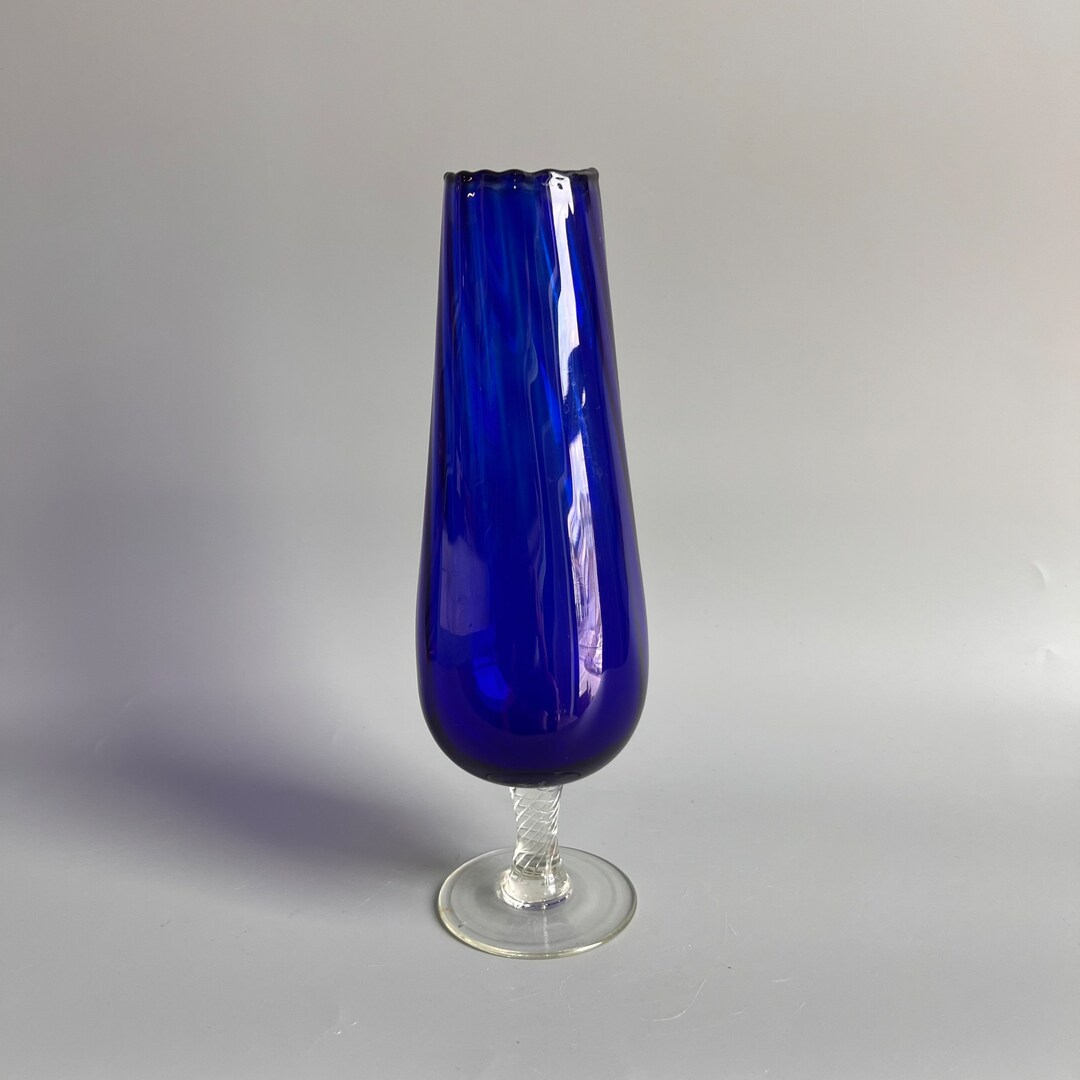 Vintage Cobalt Blue Bud Vase With Clear Pedestal and Ruffled Lip 9 Tall