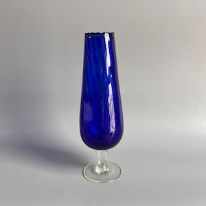 Vintage Cobalt Blue Bud Vase with Clear Pedestal and Ruffled Lip 9&quot; Tall