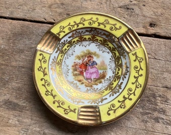 Fragonard Ashtray Hand Painted Limoge Style Porcelain Trinket Tray with Victorian Lovers and Gold Accent Pink and Yellow 4" Small