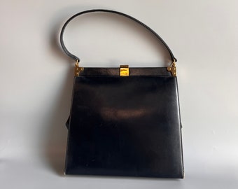 1950s Black Handbag Large with Gold Metal Frame and Trim