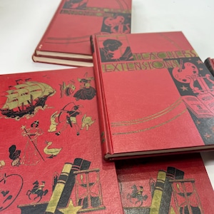 1950s Red Leather Teaching Books: Vintage Knowledge Book Set