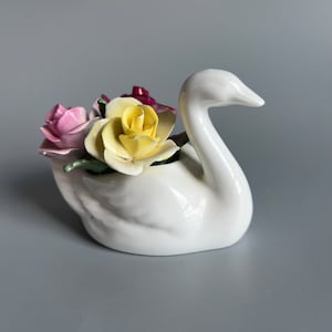 Small Swan with Flowers by Crown Staffordshire England Fine Bone China White with Pink and Yellow Roses