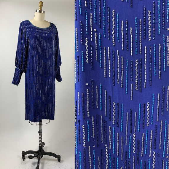 80s Blue Beaded Dress by Argenti Size Small All S… - image 1