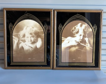 Antique Frames Art Deco Reverse Painted Glass Frames with 1890s Prints Cupid Awake and Cupid Asleep Black and Gold