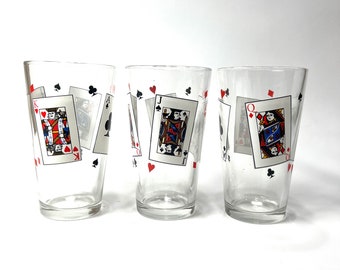 Lot de 3 verres à boisson Mid-Century pour cartes à jouer As King Queen Jack par Libbey