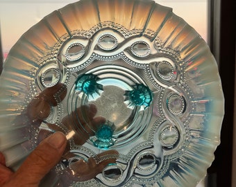 Antyczna niebieska opalizująca misa na kable z koralikami Northwood: EAPG Candy Miseczka