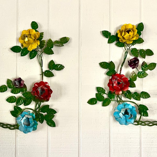 Vintage Italian Tole Toleware Style Flower Wall Hanging Pair Yellow and Green Red and Blue Painted Metal Flowers