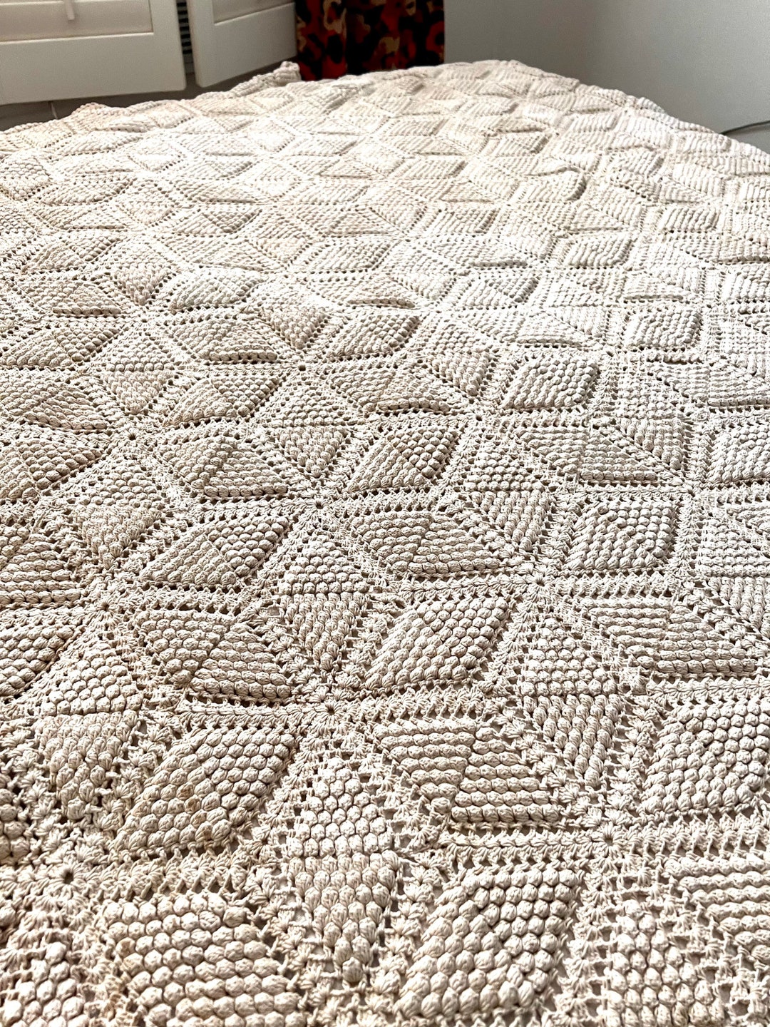 Antique Bed Coverlet Hand Crochet Popcorn Pattern Linen Thread Etsy