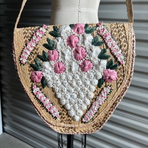 Woven Raffia Tote Bag Large Pink and White Floral Beach Bag Purse
