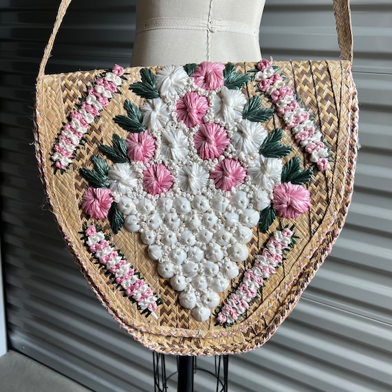 Woven Raffia Tote Bag Large Pink and White Floral… - image 1