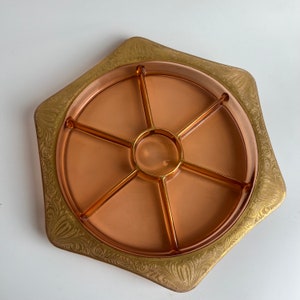 Divided Pink Glass Tray with Decorative Gold Trim Dresser Jewelry Display Fancy Candy Server