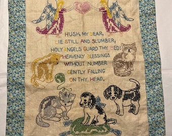 Vintage Embroidered Lullaby Prayer Angels Kittens and Puppies Blue Calico Border