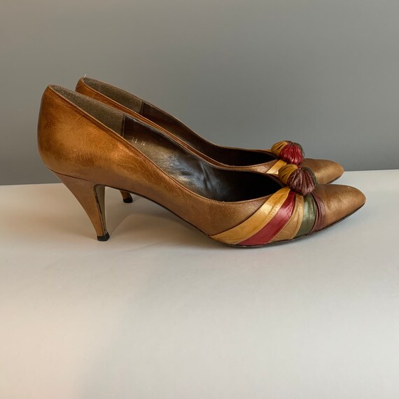 1960s Leather Shoes Stilletos Pointy Toe Copper B… - image 4