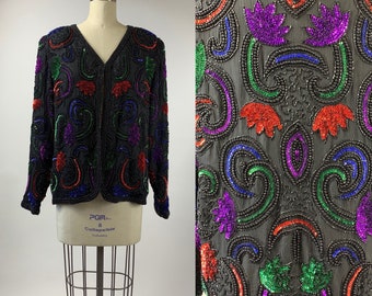 Jacket Beaded and Sequined Black Floral in Royal Rainbow Colors Cropped Size Large