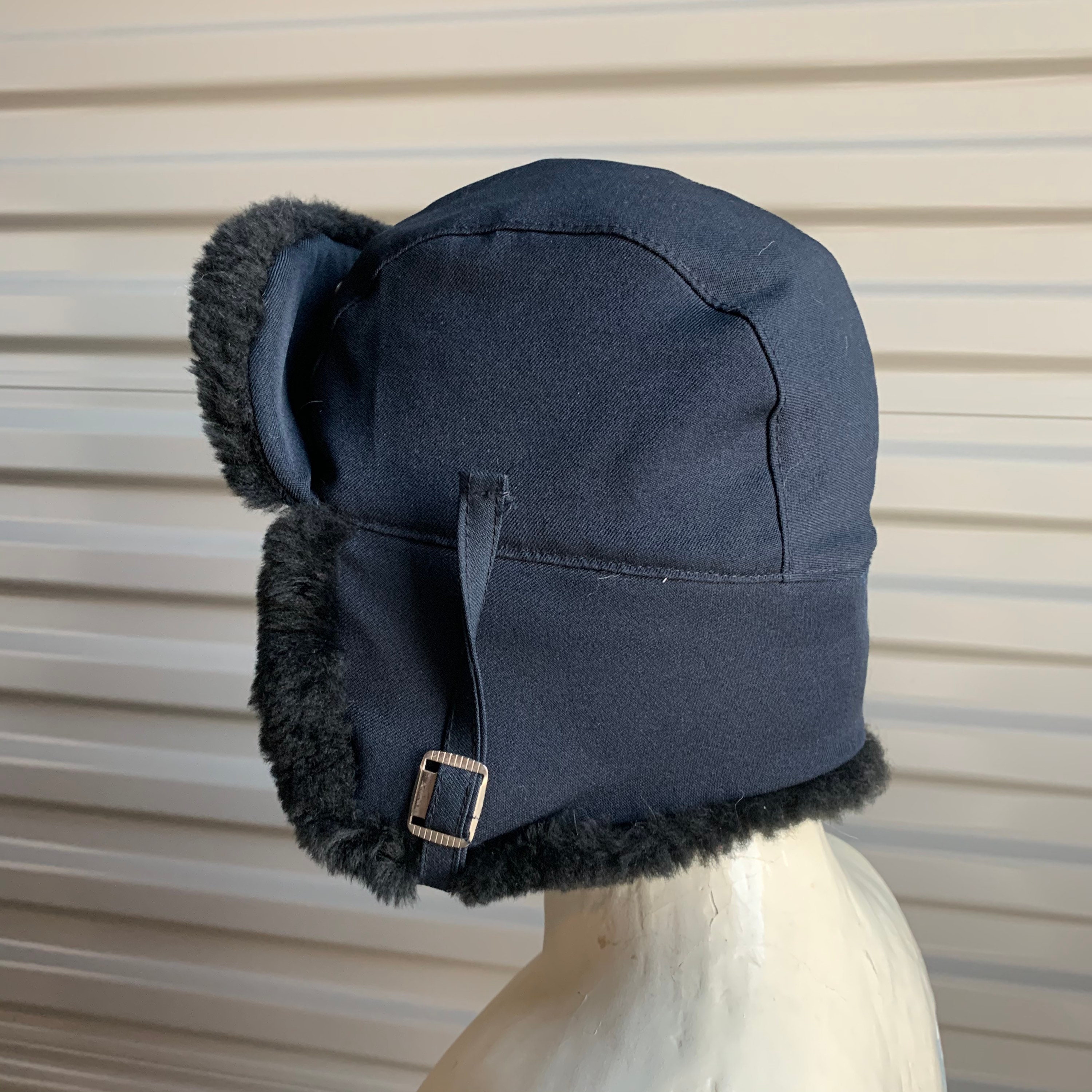 Vintage Trapper Hat Black Faux Fur and Navy Blue Fits | Etsy