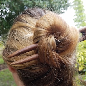May include: A brown wooden hair stick with two prongs, holding a bun of blonde hair.