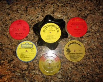 Recycled Record Coasters Set of 5 with Melted  Record Bowl