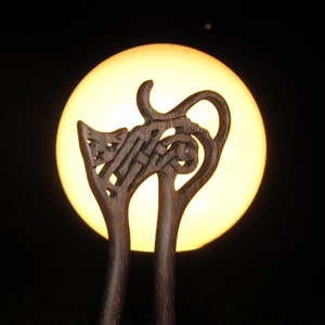 Huge Hair Stick -   Celtic Black Cat Hair Fork in Ebonized Walnut