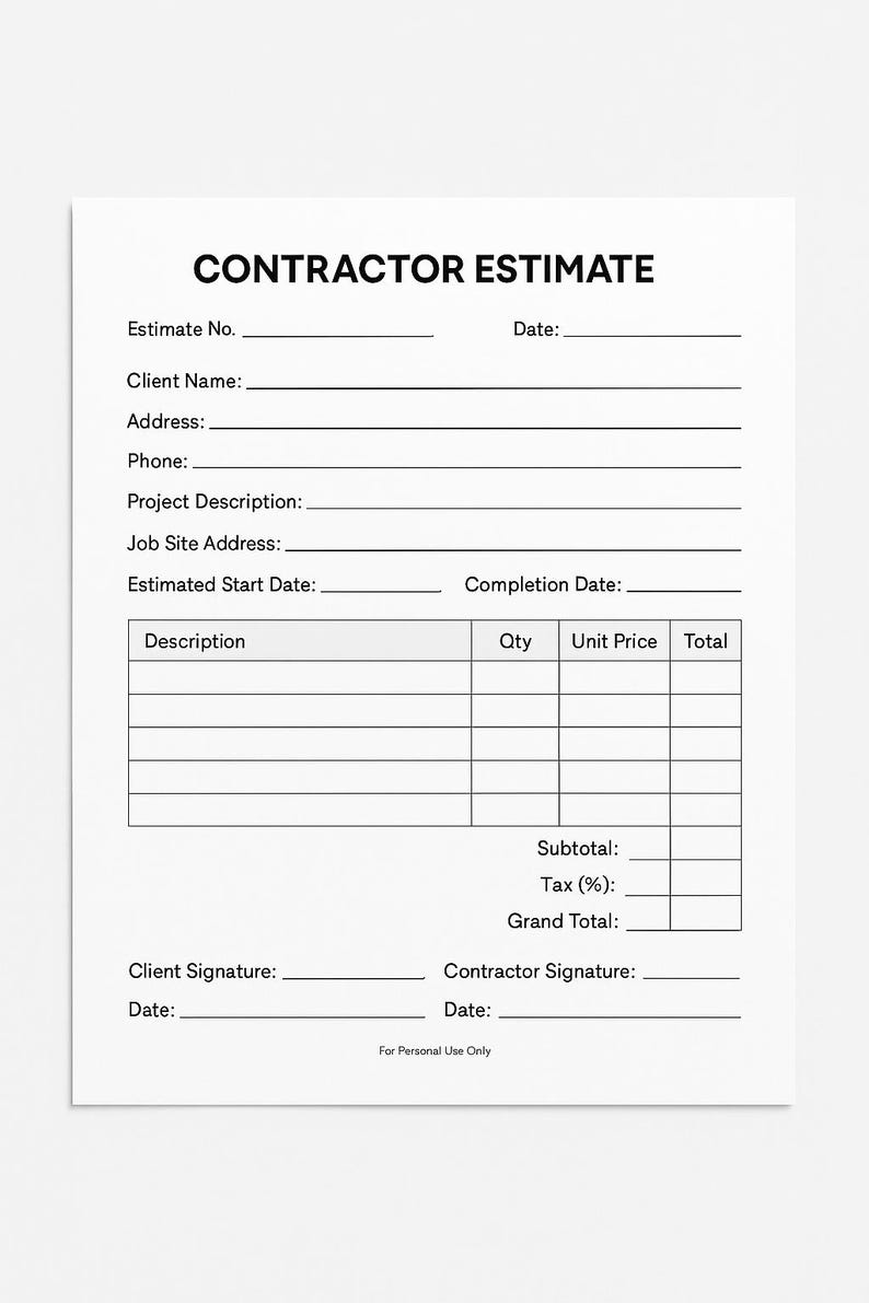 Contractor Estimate Sheet - Etsy