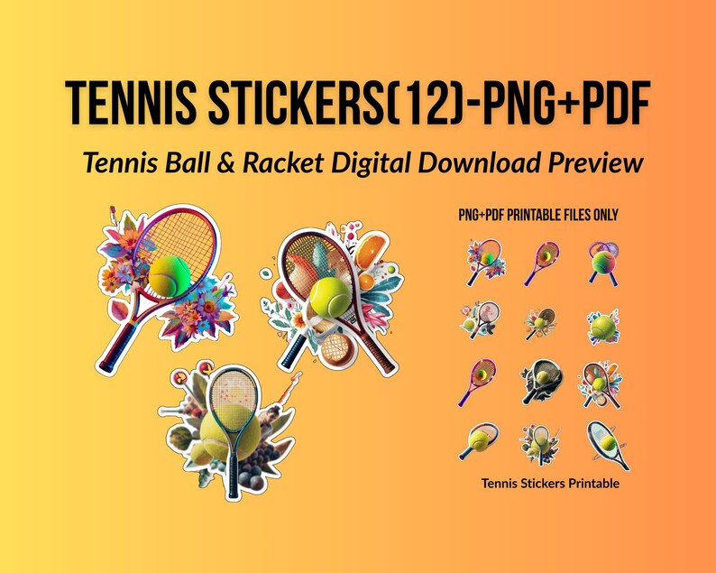 Tennis Racket Digital Stickers Tennis Stickers | Racket & Ball PNG, PDF (digital Download) - Etsy