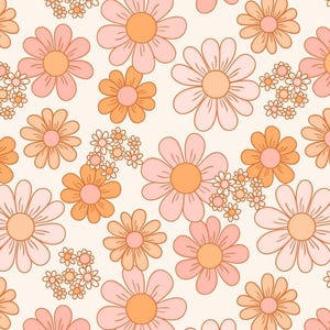 May include: A repeating pattern of retro-style flowers in shades of peach, orange, and white. The flowers vary in size and style, with some having multiple layers of petals. The background is a soft cream color.