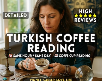 May include: An image promoting Turkish coffee readings. The text reads "Detailed" and "High Reviews." A woman holds a coffee cup, with text overlaying the image: "Turkish Coffee Reading." Additional text: "Money, Career, Love, Life, Everything You Want to Know About the Future."
