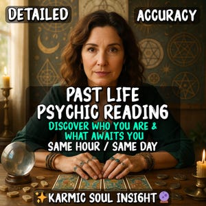 Peut inclure: Image publicitaire pour une lecture psychique de vies antérieures. L'image présente une femme avec des cartes de tarot, une boule de cristal et des bougies. Le texte comprend "PAST LIFE PSYCHIC READING" et "KARMIC SOUL INSIGHT".