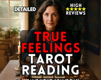 May include: An image promoting a tarot reading service. The text reads "TRUE FEELINGS TAROT READING" in large red letters. Additional text includes "DETAILED", "HIGH REVIEWS", and "SAME HOUR / SAME DAY". A woman sits at a table with tarot cards and a lit candle.