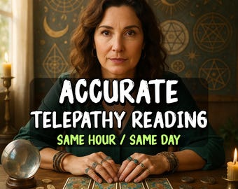 Puede incluir: Una mujer con cabello castaño y una blusa verde está sentada en una mesa de madera con cartas del tarot, runas y una bola de cristal. El texto "ACCURATE TELEPATHY READING SAME HOUR / SAME DAY" se muestra en letras blancas.