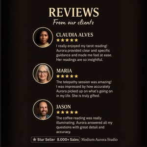 May include: A dark brown graphic with the word "REVIEWS" in gold lettering. The graphic includes client testimonials with headshots and star ratings. The text includes "Star Seller 8.000+ Sales Medium Aurora Studio."