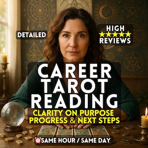 Könnte beinhalten: Ein Bild, das eine Karriere-Tarot-Lesung bewirbt. Der Text auf dem Bild lautet "CAREER TAROT READING" mit dem Untertext "CLARITY ON PURPOSE, PROGRESS & NEXT STEPS". Das Bild enthält auch den Text "DETAILED" und "HIGH REVIEWS".