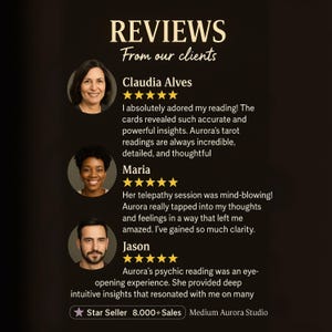May include: A dark background with customer reviews. The word "REVIEWS" is at the top, followed by testimonials from Claudia Alves, Maria, and Jason, each with a photo and a 5-star rating. The text also includes "Star Seller 8.000+ Sales".
