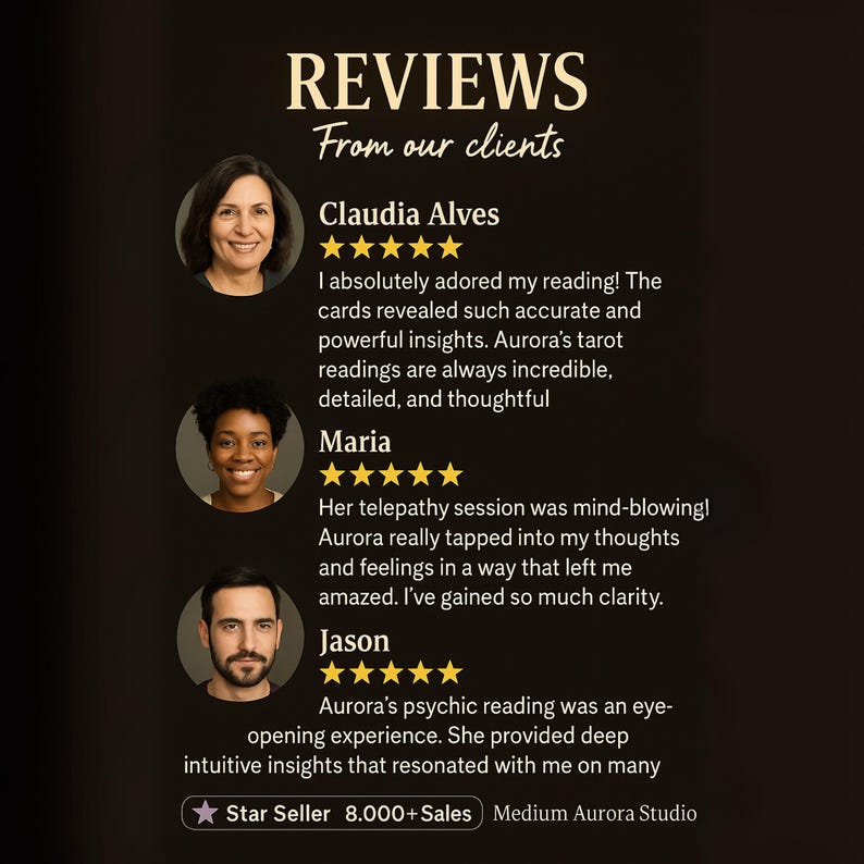 May include: A dark background with customer reviews. The word "REVIEWS" is at the top, followed by testimonials from Claudia Alves, Maria, and Jason, each with a photo and a 5-star rating. The text also includes "Star Seller 8.000+ Sales".