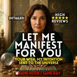 Puede incluir: Imagen con el texto "LET ME MANIFEST FOR YOU" con una mujer, una bola de cristal, cartas del tarot y velas. El texto también incluye "YOUR WISH, MY INTENTION SENT TO THE UNIVERSE" y "SAME HOUR / SAME DAY".
