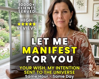 May include: A person with long brown hair wearing a rust-colored floral blouse, positioned behind a table with tarot cards. Text overlays include 10000+ CLIENTS SERVED, HIGH 5-STAR REVIEWS, LET ME MANIFEST FOR YOU, and YOUR WISH, MY INTENTION SENT TO THE UNIVERSE.
